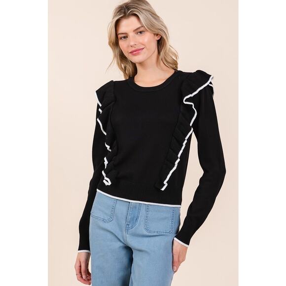 MITTOSHOP Black White Retro Style Contrast Trim Ruffled Round Neck Knit Top NEW - Picture 2 of 6